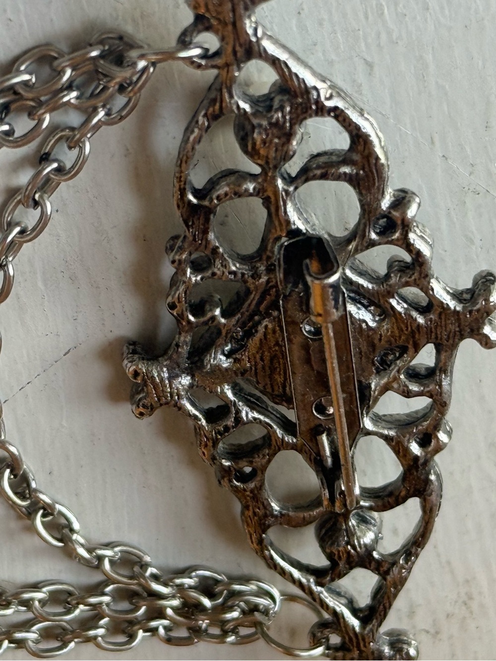 Vtg 1980s Victorian Revival Silver Filigree Brooch Pin Triple Swag Dangle Chain - Picture 10 of 10